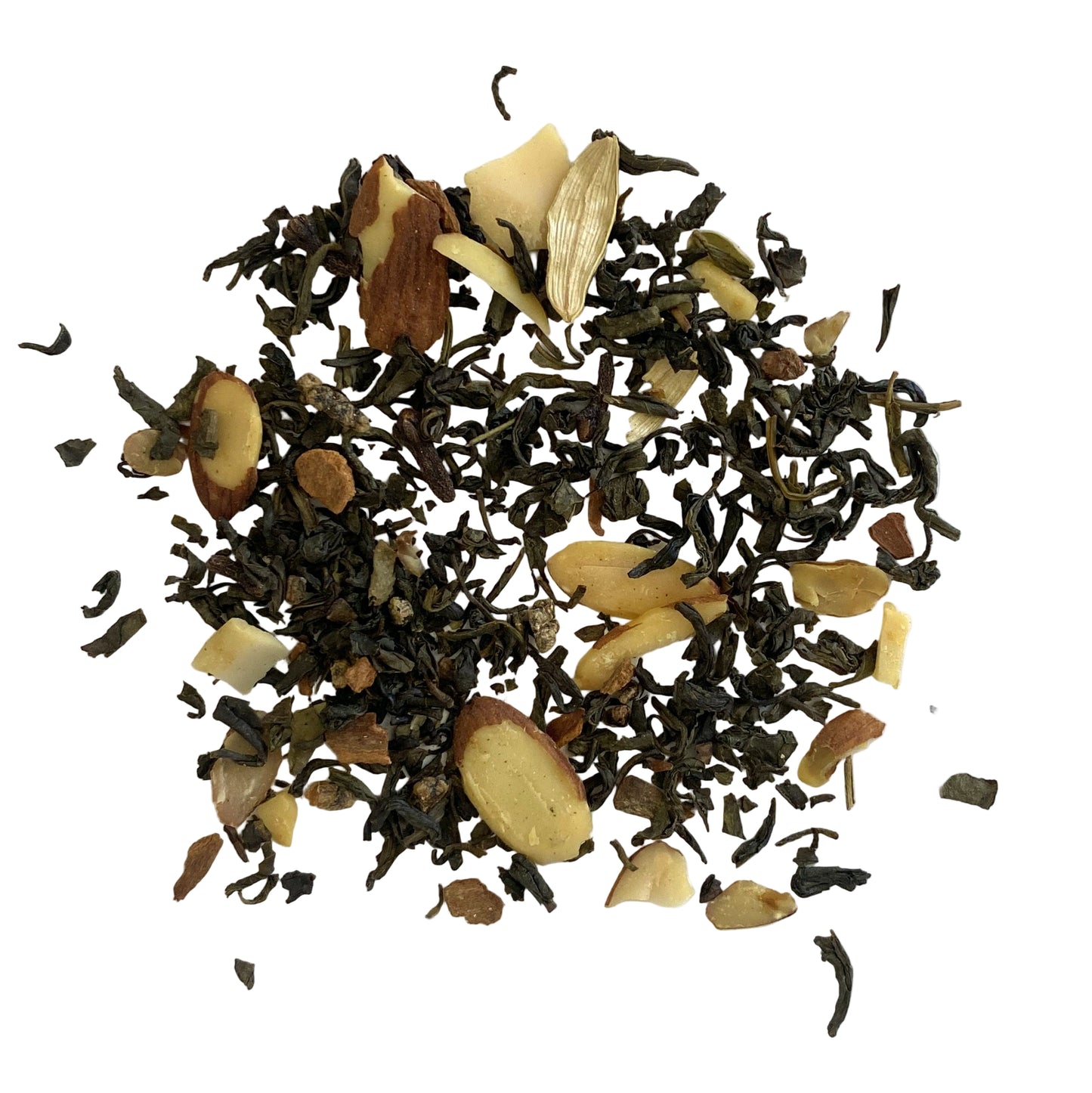 Green tea, cinnamon, almonds, cloves, green cardamom, almond and cinnamon flavor. Allergens.