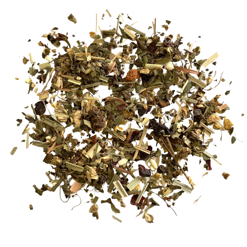 Blend with Ginger, Rosehips, Tulsi, Lemon Peel, Lemon Myrtle, Lemongrass, flavoring