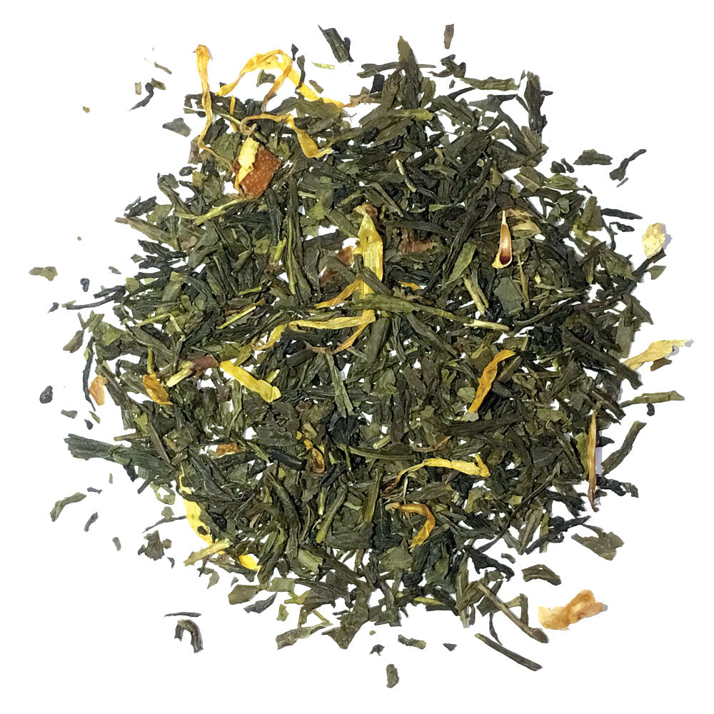 Sencha Green Tea with Lemon flavor and yellow marigold flowers