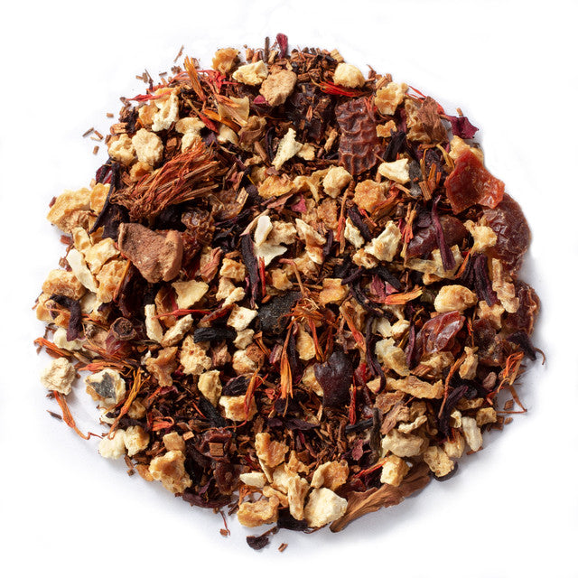 rooibos, orange, hibiscus, rosehips, with citrus and vanilla flavors