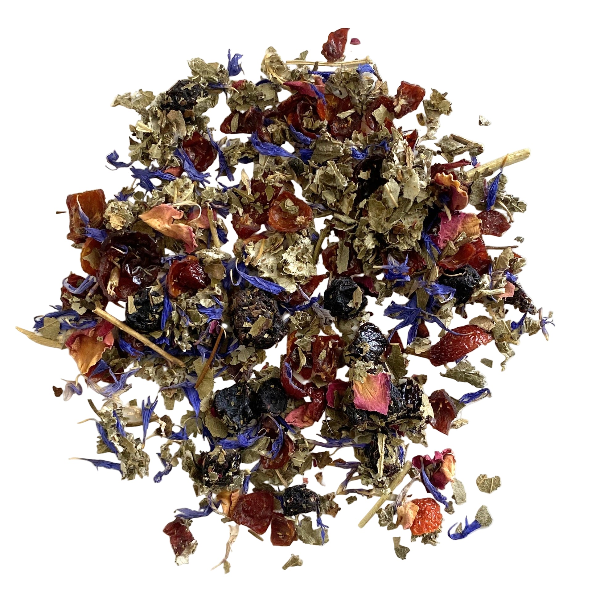 rosehips, cherry pieces, strawberry leaf, rose petals, cornflowers, n/a flavoring