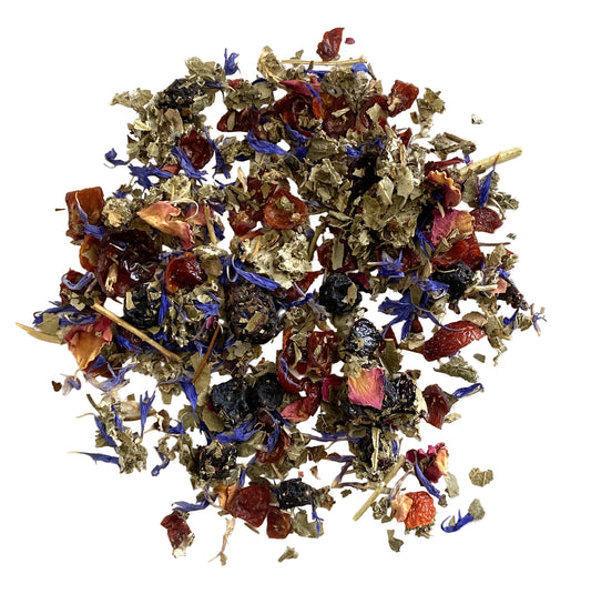 rosehips, cherry pieces, strawberry leaf, rose petals, cornflowers, n/a flavoring