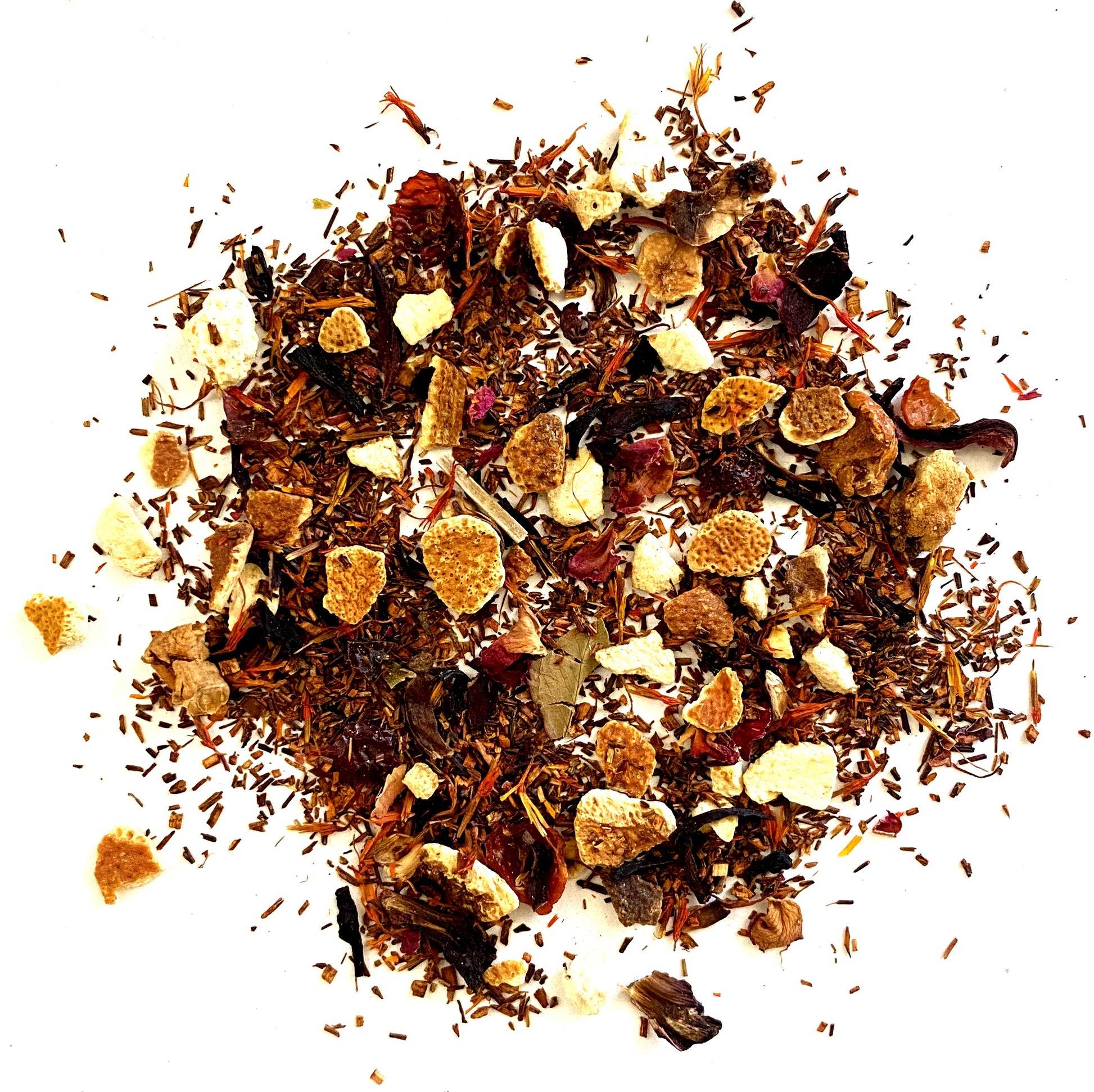 Rooibos, orange peel, hibiscus, rosehips, apple, flowers, citrus vanilla flavors