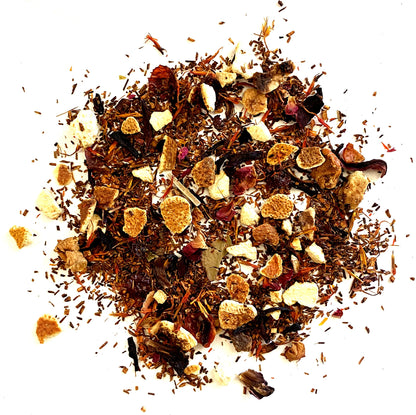 Rooibos, orange peel, hibiscus, rosehips, apple, flowers, citrus vanilla flavors