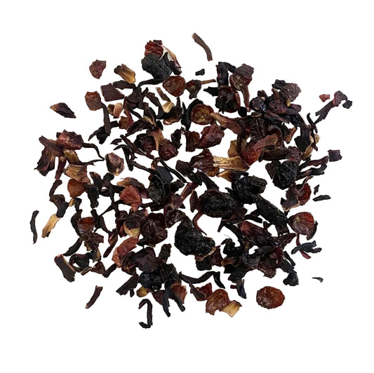Fruit tisane with cherry, berries, rosehips, hibiscus and berry flavoring.