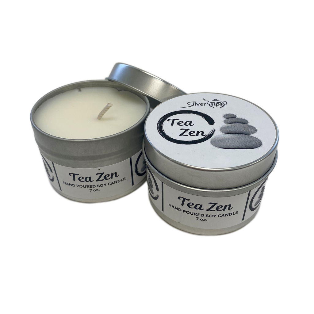 4 oz. canister with hand-poured vanilla candle with Silver Tips Tea Zen label