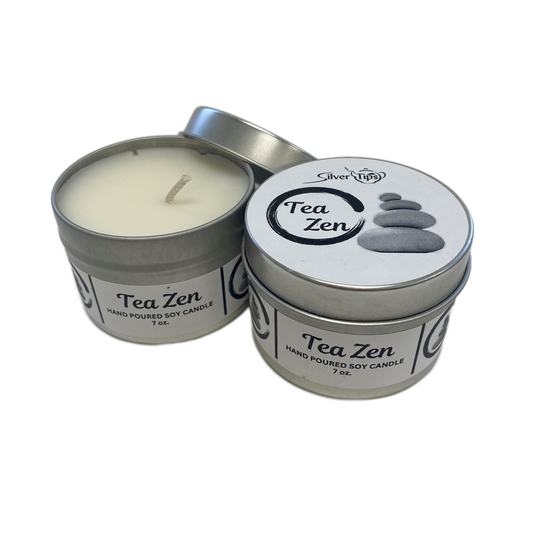 4 oz. canister with hand-poured vanilla candle with Silver Tips Tea Zen label