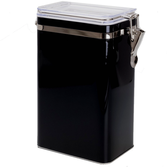 Black metal rectangular canister with a clear lid and latch.