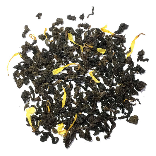 Passionfruit Oolong - Lightly oxidized green oolong flavored tea with passionfruit flavor & marigold flowers. Silver Tips Tea's Loose Leaf Tea