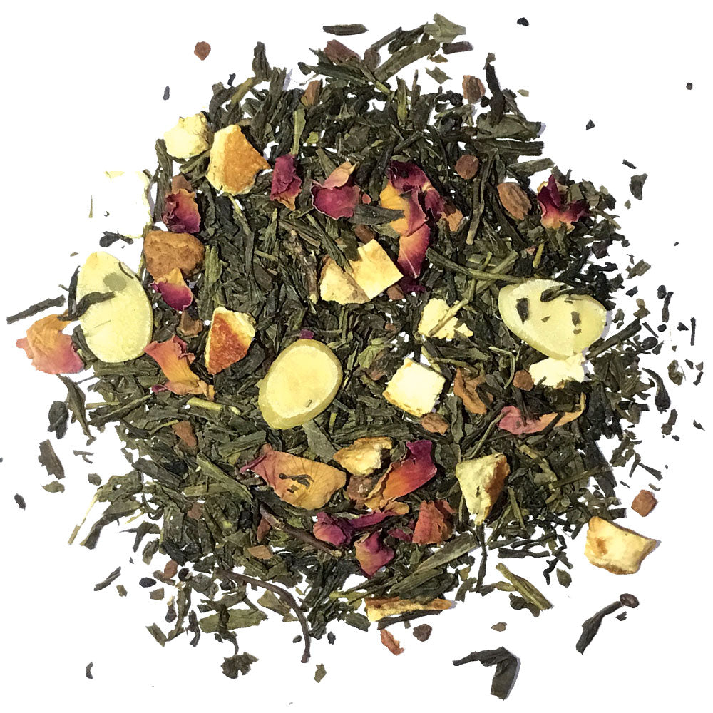 Evergreen Green Tea - Sencha green with orange peel, apple, almonds, cinnamon chips, rose petals, and a dash of spice - Silver Tips Tea's Loose Leaf Tea