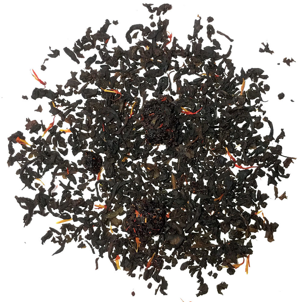 Red Fruits - This black tea is a flavored tea with strawberry, raspberry, red currant and cherry flavors, fruit pieces and sprinkled with red safflowers. Silver Tips Tea's Loose Leaf Tea
