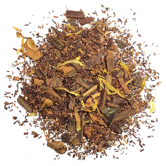Non-caffeinated blend with cinnamon, apple, rooibos, flowers and apple cinnamon flavor.