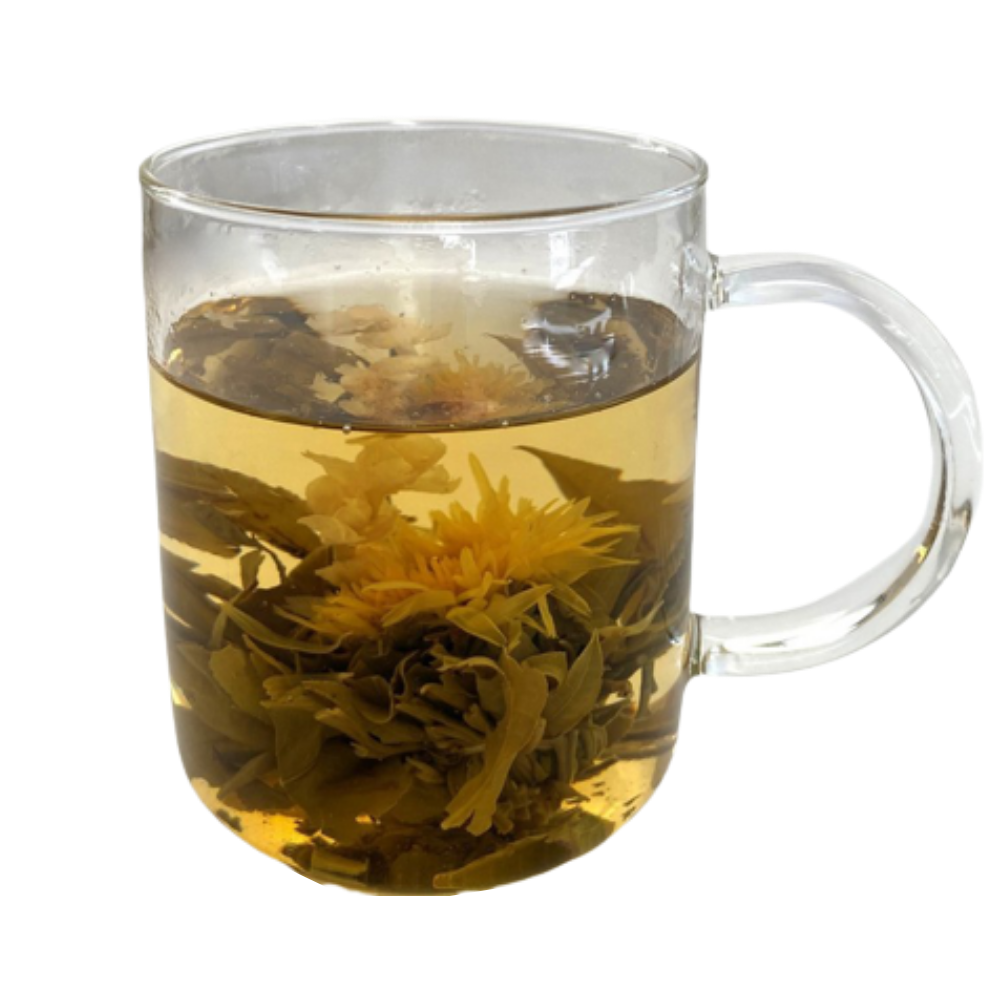Green Tea opening up to a string of white flowers when infused in water.