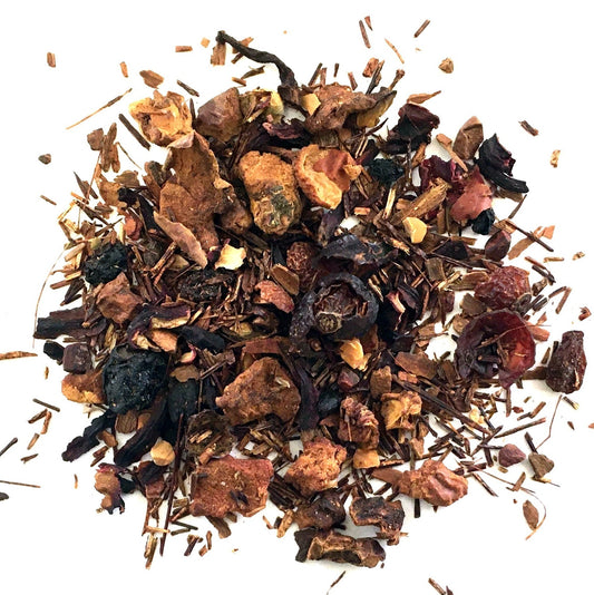 Non-caffeinated blend of fruit pieces, almonds, hibiscus, rooibos.
