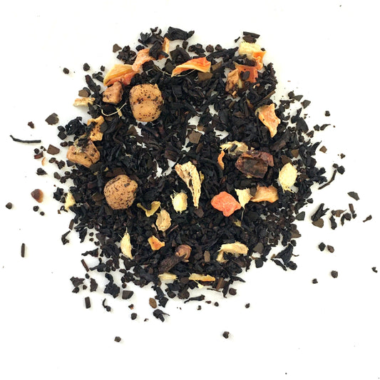 Black tea with apple, ginger, carrots, roasted mate, cloves, caramel and flavor
