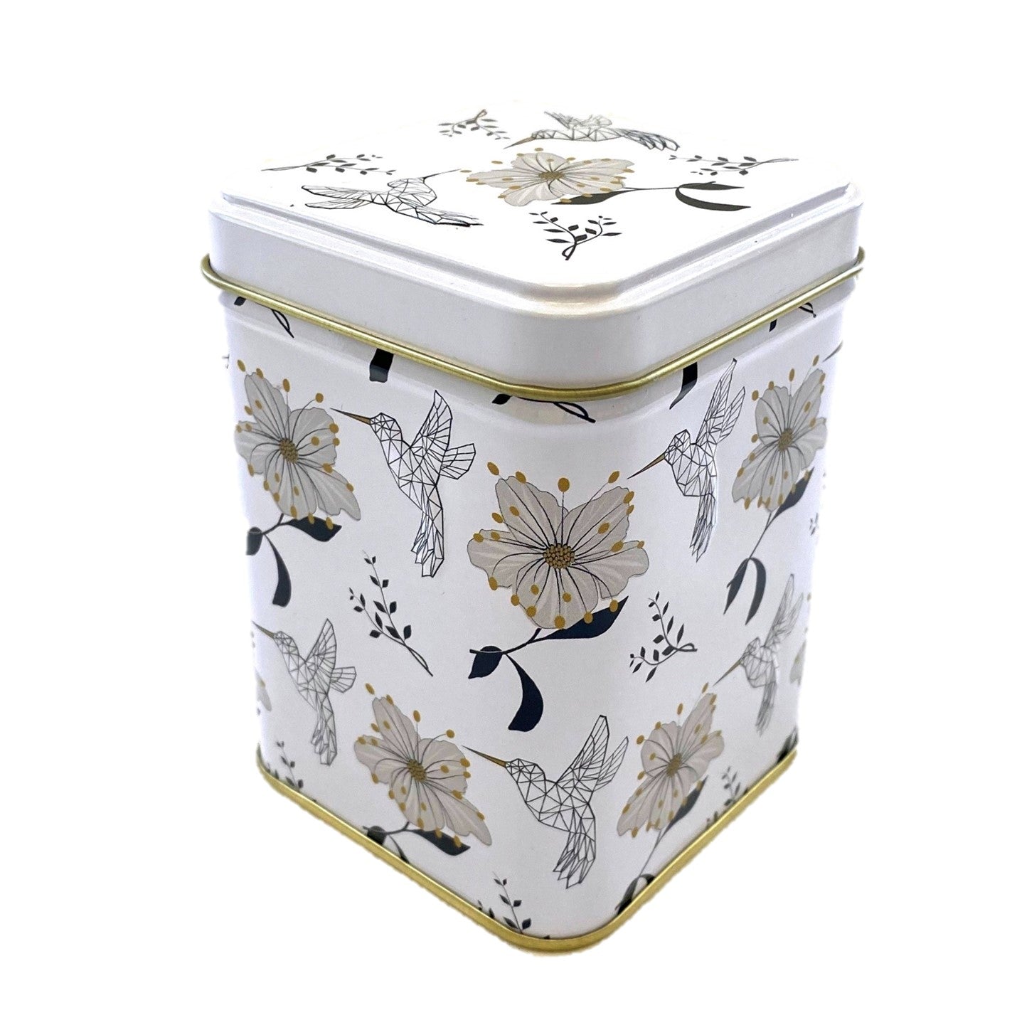 White canister with pictures of doves and white flowers